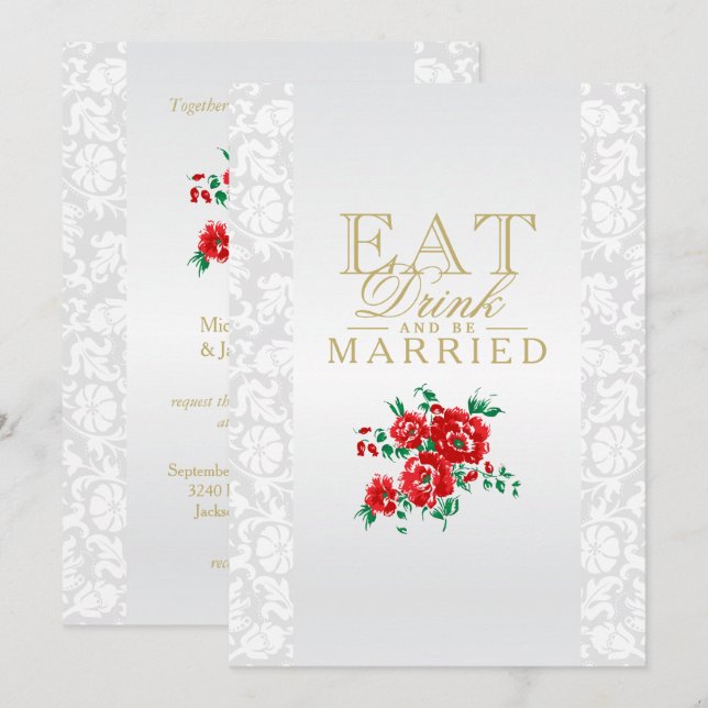 Red Flowers Eat, Drink and Be Married Invitation (Front/Back)
