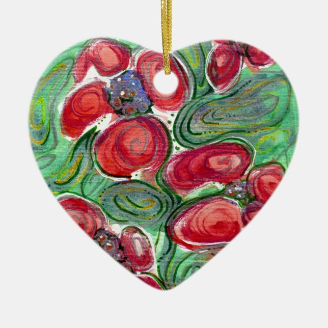 Red Flowers Fantasy Ceramic Ornament (Front)