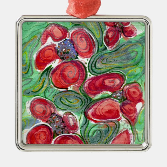 Red Flowers Fantasy Metal Ornament (Front)