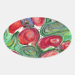 Red Flowers Fantasy Oval Sticker
