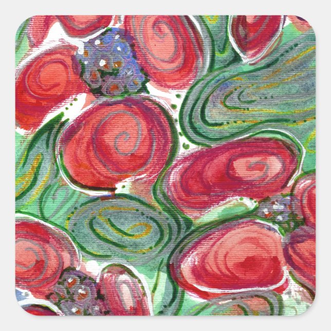 Red Flowers Fantasy Square Sticker (Front)