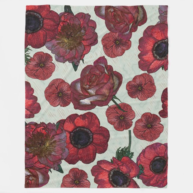 Red flowers Fleece Blanket, Large Blanket (Front)