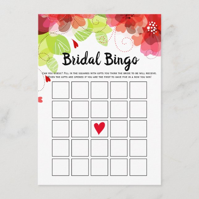 Red flowers floral bridal shower bingo game card (Front)