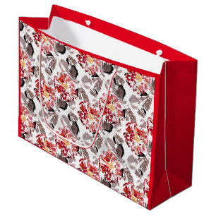 Red flowers, floral, retro, red and white large gift bag