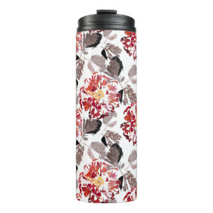 Red flowers, floral, retro, red and white thermal tumbler