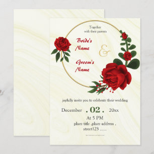red flowers foliage gold wreath invitation