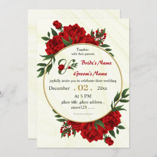 red flowers foliage gold wreath wedding invitation
