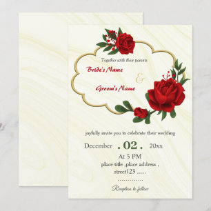 red flowers foliage gold wreath wedding invitation
