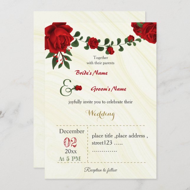 red flowers foliage  wedding  invitation (Front/Back)
