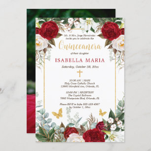 Red Flowers Gold Foil Butterflies Quinceanera Invitation