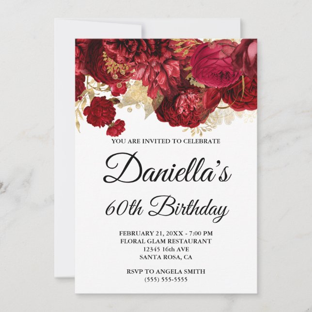 Red Flowers Gold Foil Glam 60th Birthday Invitation (Front)