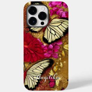 Red Flowers Gold Glitters Butterflies Custom Name Case-Mate iPhone 14 Pro Max Case