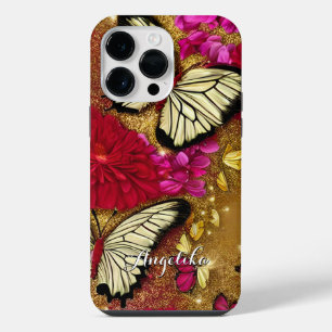 Red Flowers Gold Glitters Butterflies Custom Name iPhone 14 Pro Max Case