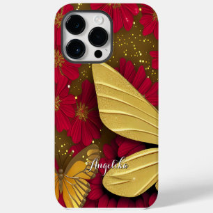 Red Flowers Gold Glitters Personalised Name iPhone 14 Pro Max Case