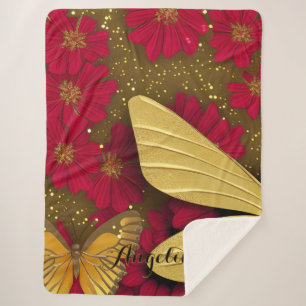 Red Flowers Gold Glitters Personalised Name Sherpa Blanket