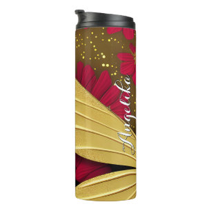 Red Flowers Gold Glitters Personalised Name Thermal Tumbler