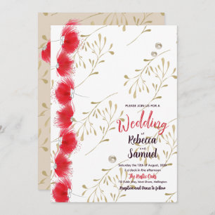  Red Flowers,Gold Leaves Wedding  Invitation