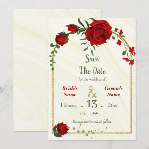 red flowers green leaves gold frame save the date