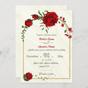 red flowers green leaves gold frame wedding invitation