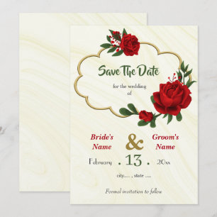 red flowers green leaves gold frame wedding save the date