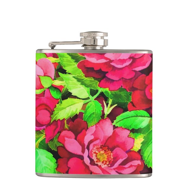 Red Flowers Green Leaves Painting Hip Flask (Front)