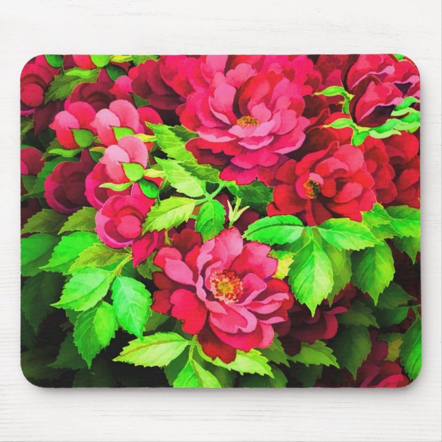Red Flowers Green Leaves Painting Mouse Pad (Front)