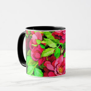 Red Flowers Green Leaves Painting Mug