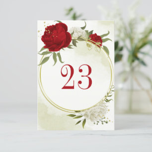 red flowers green leaves table number card