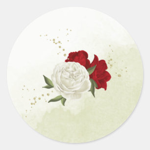 red flowers green leaves wedding classic round sticker