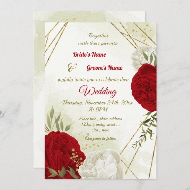 red flowers green leaves wedding invitation (Front/Back)