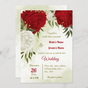 red flowers green leaves wedding invitation
