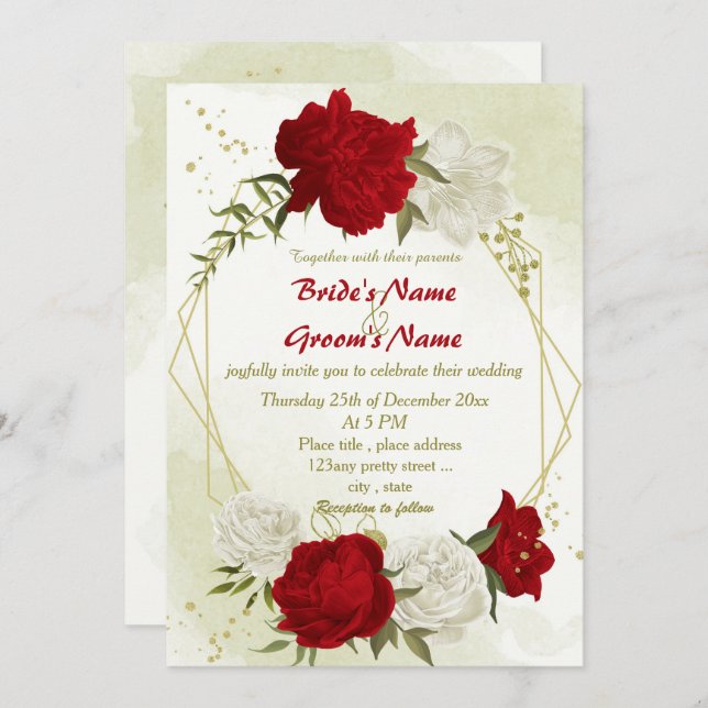 red flowers green leaves wedding invitation (Front/Back)