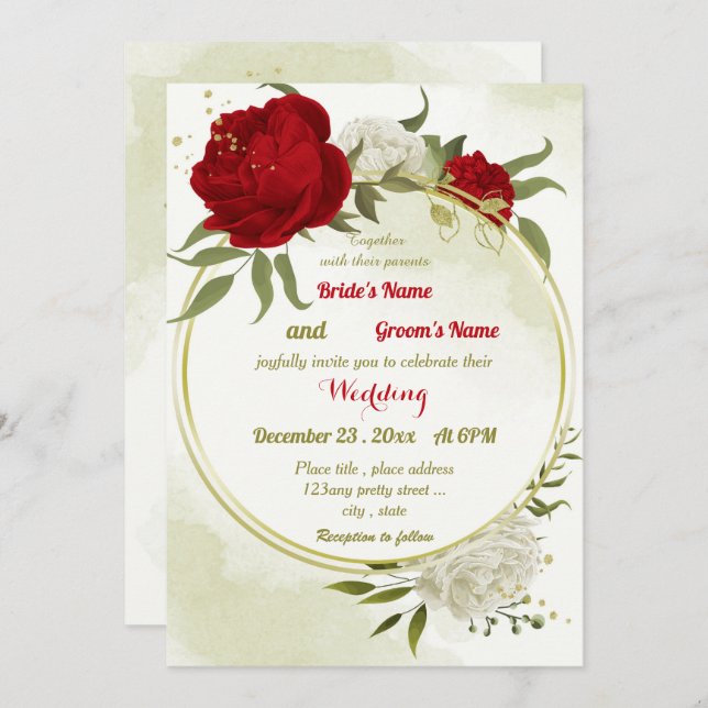red flowers green leaves wedding invitation (Front/Back)