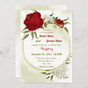 red flowers green leaves wedding invitation