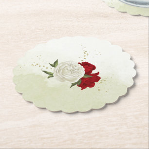 red flowers green leaves wedding paper coaster