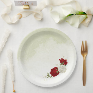 red flowers green leaves wedding paper plate