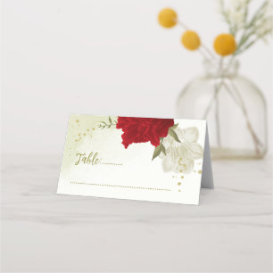 red flowers green leaves wedding place card