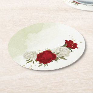 red flowers green leaves wedding round paper coaster