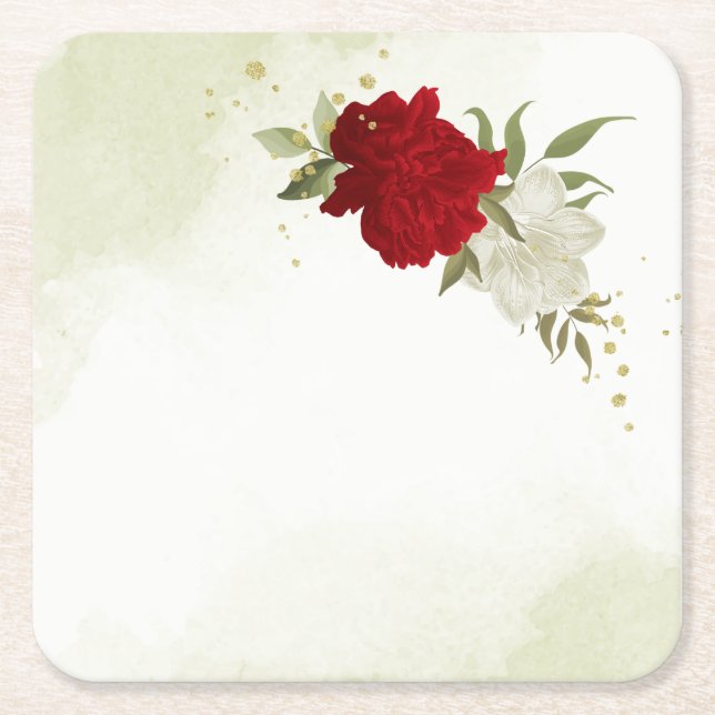 red flowers green leaves wedding square paper coaster (Front)