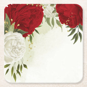 red flowers green leaves wedding square paper coaster