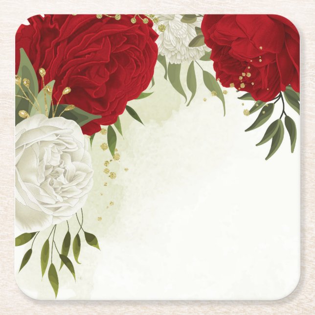 red flowers green leaves wedding square paper coaster (Front)