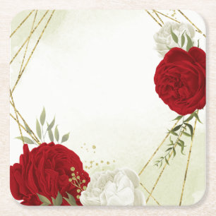 red flowers green leaves wedding square paper coaster