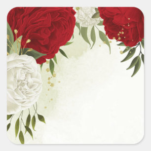red flowers green leaves wedding square sticker