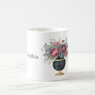 Red Flowers Green Plaid Vase Coffee Mug