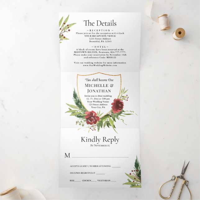 Red Flowers Greenery All In One Christian Wedding Tri-Fold Invitation (Inside)