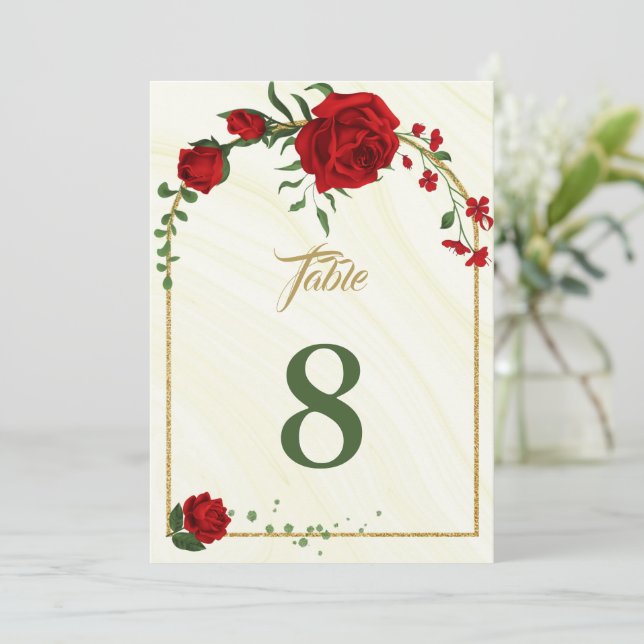 red flowers greenery table number card (Standing Front)