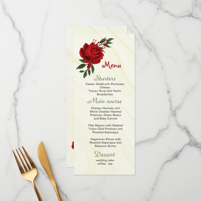 red flowers greenery wedding menu (Front/Back In Situ)