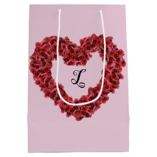 Red Flowers Heart with Monogram Floral  Medium Gift Bag