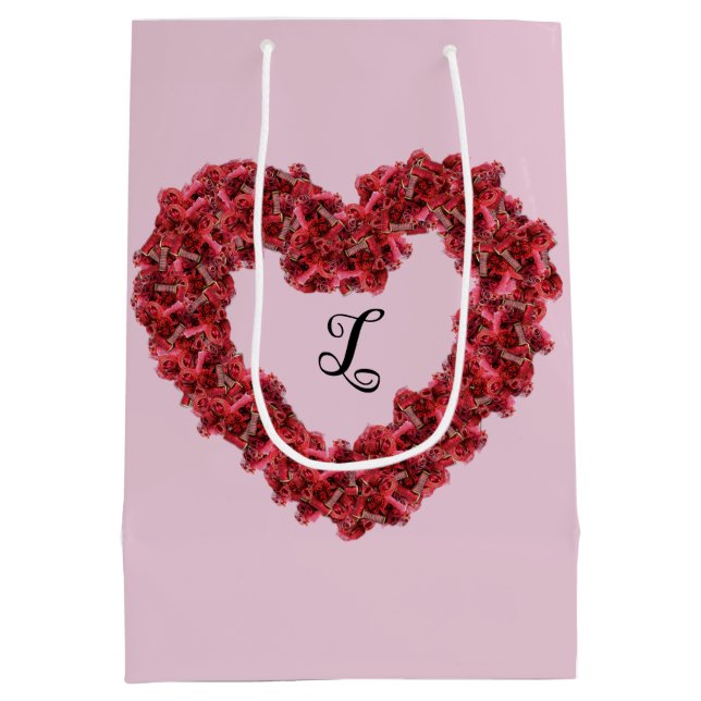 Red Flowers Heart with Monogram Floral  Medium Gift Bag (Back)