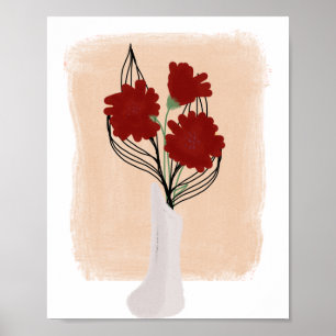 Red Flowers in Vase Hand Drawn Art Poster